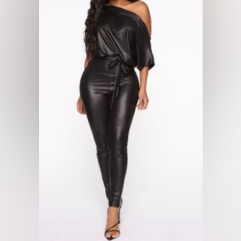Black faux leather jumpsuit (New)